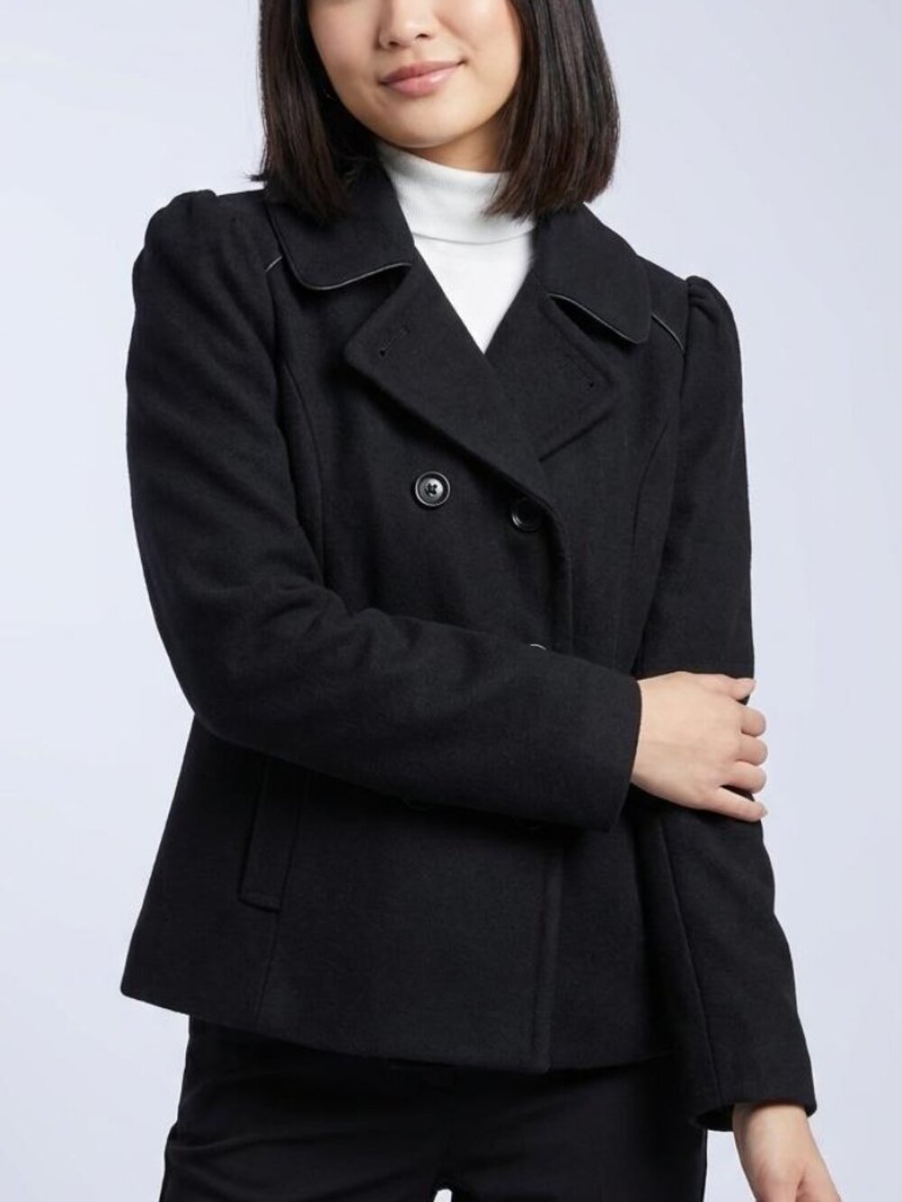 NWT Forever 21 Black Cropped Peacoat Double Breasted Jacket Faux Leather Trim S